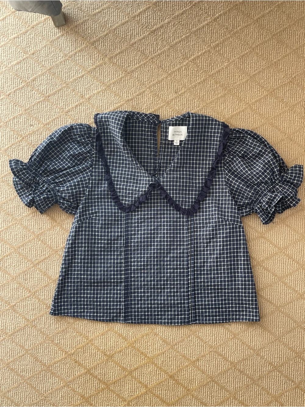 Navy Checked Puff-Sleeve Girls' Top with Peter Pan Collar